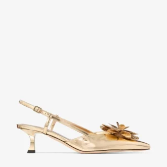 ミミ スリングバック 50 ゴールド リキッドメタルレザー スリングバック（jimmy choo パーフォレーテッド・コルサージュ付き）