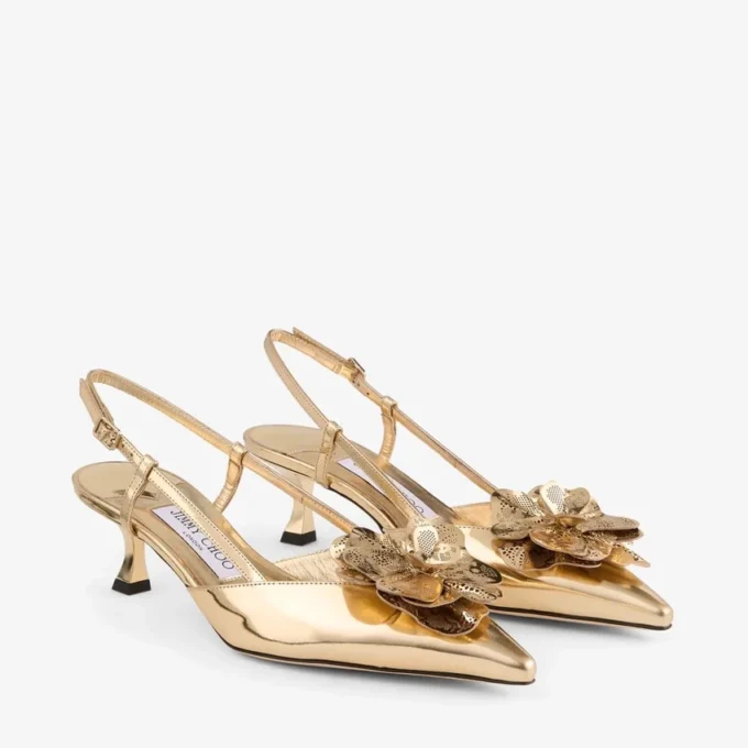 ミミ スリングバック 50 ゴールド リキッドメタルレザー スリングバック（jimmy choo パーフォレーテッド・コルサージュ付き）