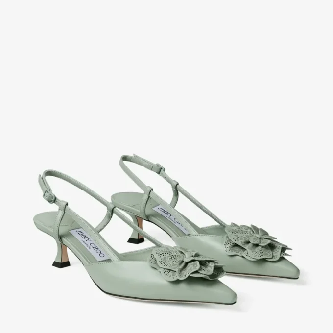 ミミ スリングバック 50 ヴェルデ シャイニーナッパレザー スリングバック、jimmy choo パーフォレーテッド・ナッパ・レース・コルサージュ付き