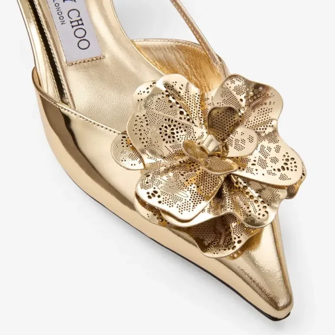 ミミ スリングバック 50 ゴールド リキッドメタルレザー スリングバック（jimmy choo パーフォレーテッド・コルサージュ付き）