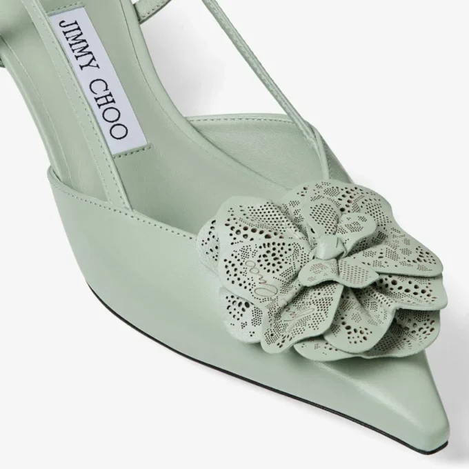 ミミ スリングバック 50 ヴェルデ シャイニーナッパレザー スリングバック、jimmy choo パーフォレーテッド・ナッパ・レース・コルサージュ付き