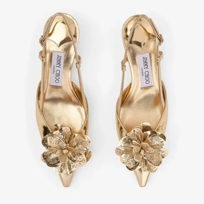 ミミ スリングバック 50 ゴールド リキッドメタルレザー スリングバック（jimmy choo パーフォレーテッド・コルサージュ付き）