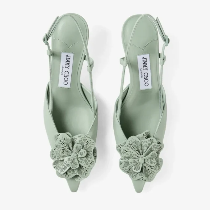 ミミ スリングバック 50 ヴェルデ シャイニーナッパレザー スリングバック、jimmy choo パーフォレーテッド・ナッパ・レース・コルサージュ付き