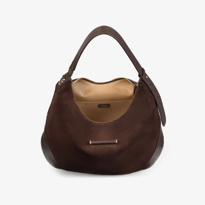 Bar Hobo M チョコレートスエード ショルダーバッグ（レザートリム付き）