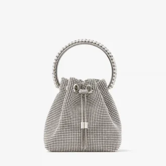 クリスタルハンドル付き Bon Bon シルバーサテン クリスタルメッシュバッグ