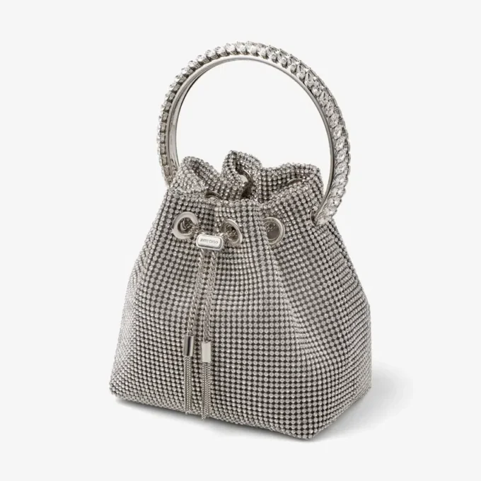 クリスタルハンドル付き Bon Bon シルバーサテン クリスタルメッシュバッグ