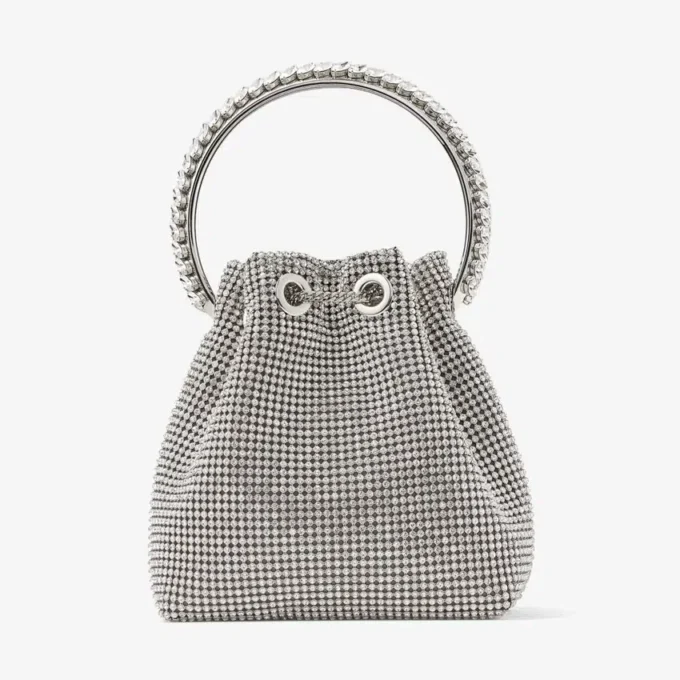 クリスタルハンドル付き Bon Bon シルバーサテン クリスタルメッシュバッグ