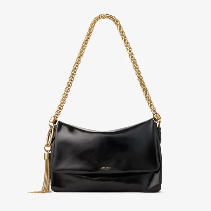 Callie フラップ ブラック シャイニー Biker レザー ショルダーバッグ