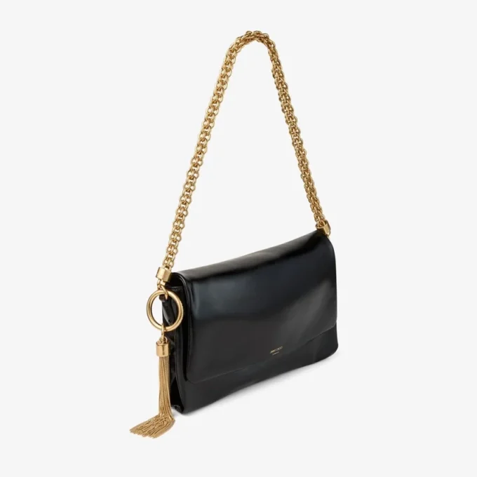 Callie フラップ ブラック シャイニー Biker レザー ショルダーバッグ