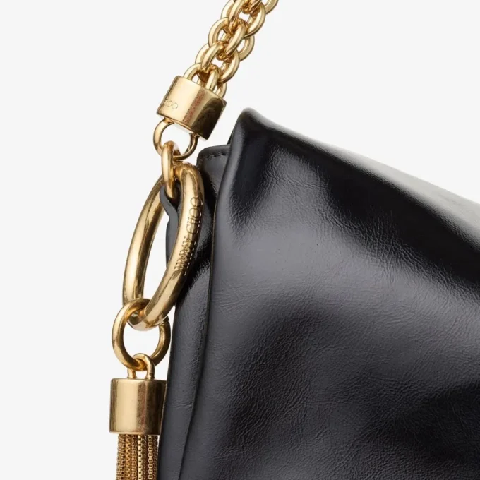 Callie フラップ ブラック シャイニー Biker レザー ショルダーバッグ
