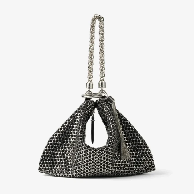 スエード製クラッチバッグ「Callie」ブラック Diamond モチーフ クリスタルホットフィックス