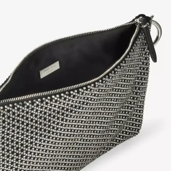 スエード製クラッチバッグ「Callie」ブラック Diamond モチーフ クリスタルホットフィックス