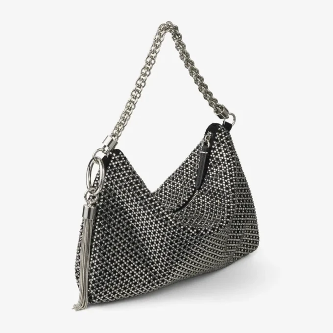 スエード製クラッチバッグ「Callie」ブラック Diamond モチーフ クリスタルホットフィックス