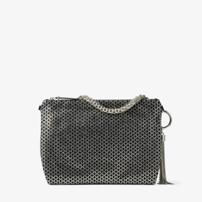 スエード製クラッチバッグ「Callie」ブラック Diamond モチーフ クリスタルホットフィックス