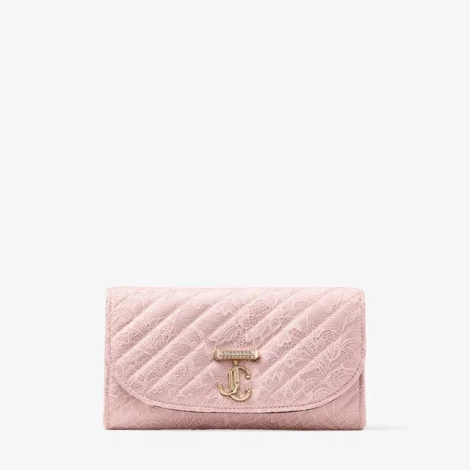 チェーン付きカーブウォレット ローズキルティング クリスタルJCバー付きjimmy choo レースウォレットチェーン