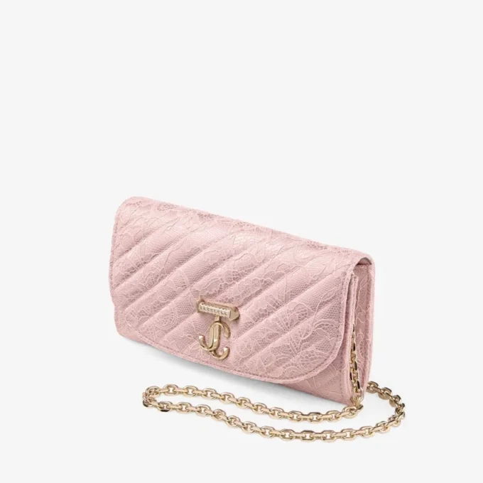 チェーン付きカーブウォレット ローズキルティング クリスタルJCバー付きjimmy choo レースウォレットチェーン