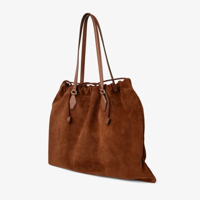 ドローストリング トート ラージ タン スエード＆スムースカーフレザー トートバッグ（jimmy choo ロゴ入り）