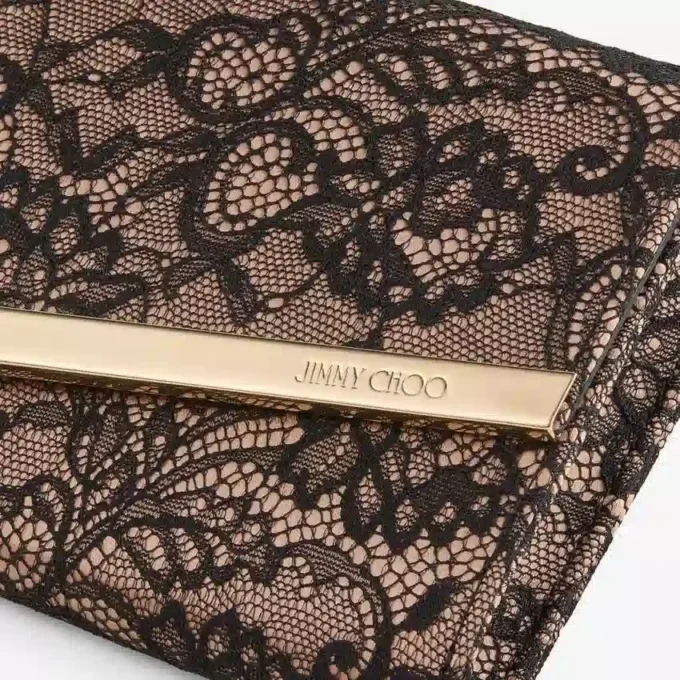 エミー ブラック＆バレエピンク jimmy choo レースクラッチバッグ