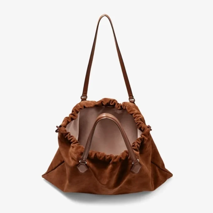 ドローストリング トート ラージ タン スエード＆スムースカーフレザー トートバッグ（jimmy choo ロゴ入り）