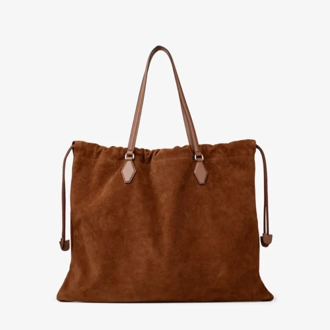 ドローストリング トート ラージ タン スエード＆スムースカーフレザー トートバッグ（jimmy choo ロゴ入り）