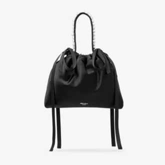 ドローストリング付き ミニ トップハンドル ブラックサテン ミニショルダーバッグ