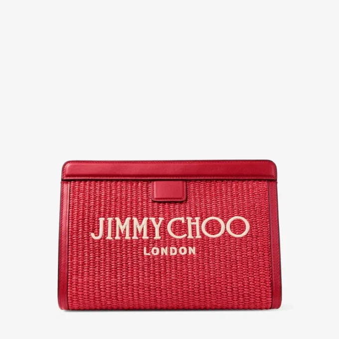 アベニュー ロンドン ポーチ ルビーレッド＆ライトゴールドの刺繍入りラフィア＆レザーポーチ