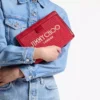 アベニュー ロンドン ポーチ ルビーレッド＆ライトゴールドの刺繍入りラフィア＆レザーポーチ