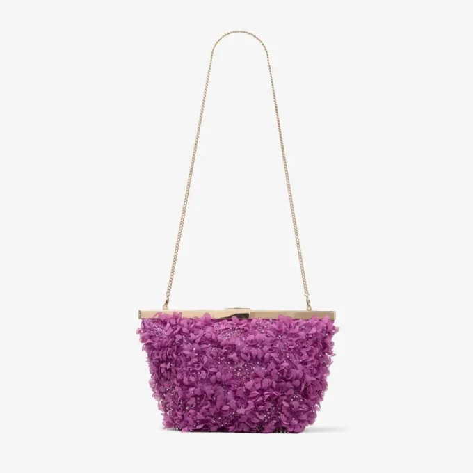 ガナッシュ バイオレット オーキッド サテン クラッチバッグ（花びら刺繍入り）
