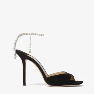 Saeda Sandal 100 ブラック スエード サンダル（クリスタル装飾付き）