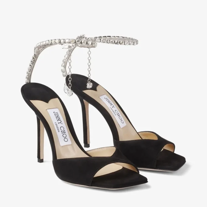 Saeda Sandal 100 ブラック スエード サンダル（クリスタル装飾付き）